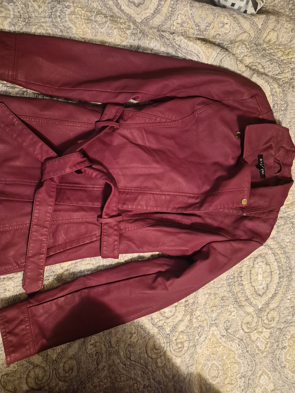 Baccini Burgundy Faux Leather Belted Trench Jacket